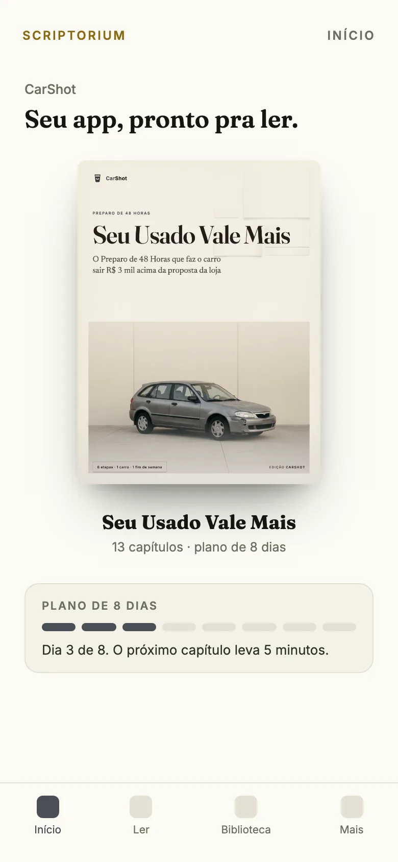 Capa do app: o ebook Seu Usado Vale Mais aberto na tela Início, com o plano de 8 dias