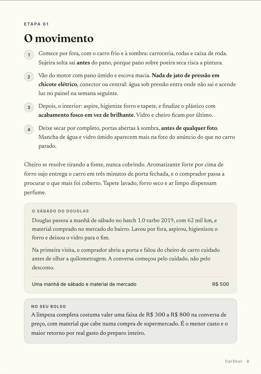 Passo a passo: O movimento da limpeza, de fora pra dentro, com o vidro e o cheiro por último
